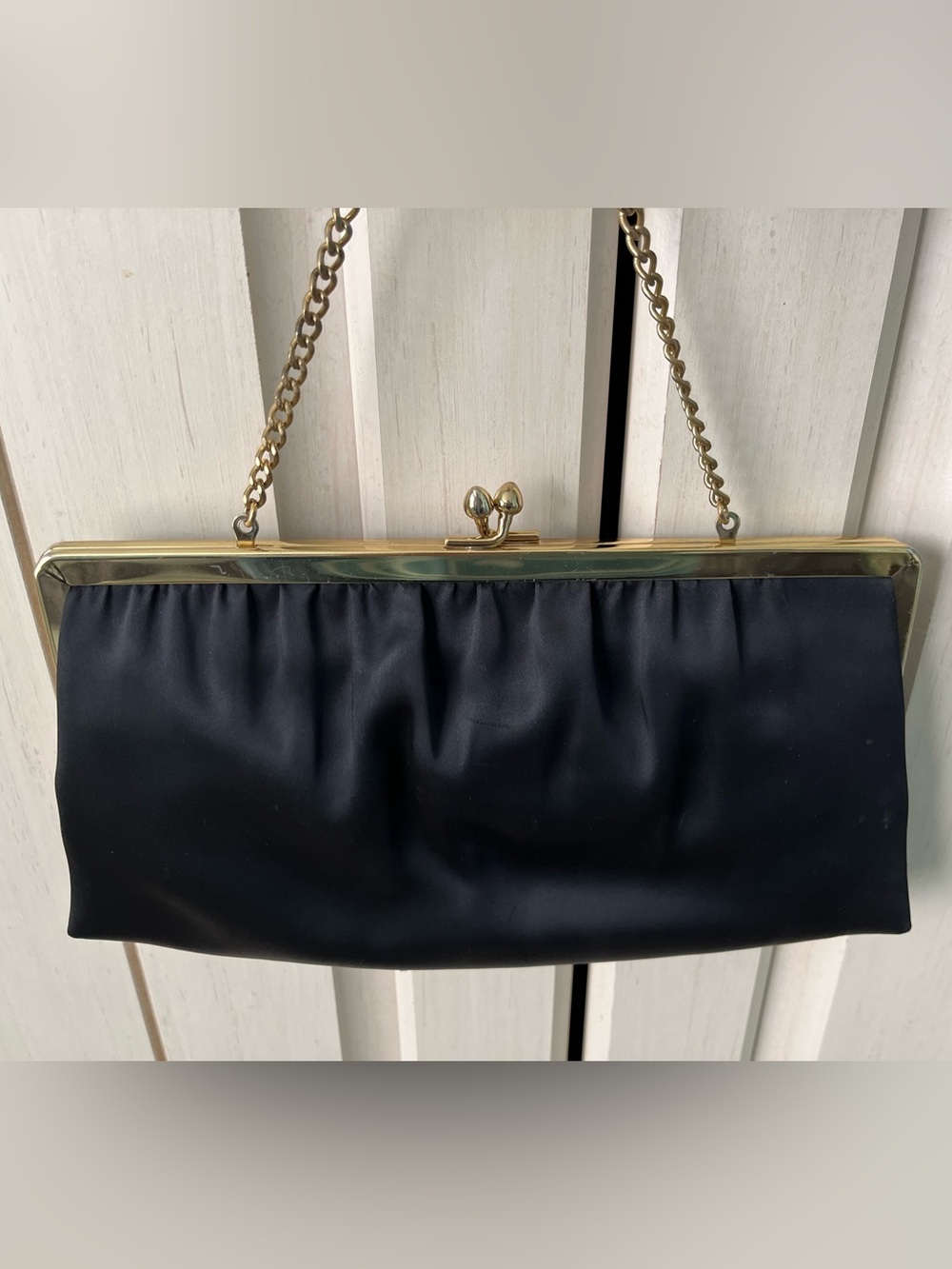 Ande Vintage Black Satin Kiss Lock Evening Bag